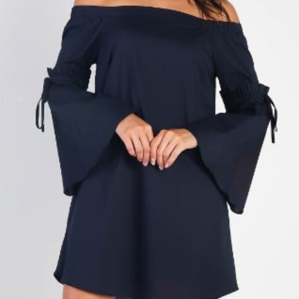 Navy Blue Loose Fit Off-The-Shoulder Self-Tie Frill Trim Angel Sleeve Dress, NWT